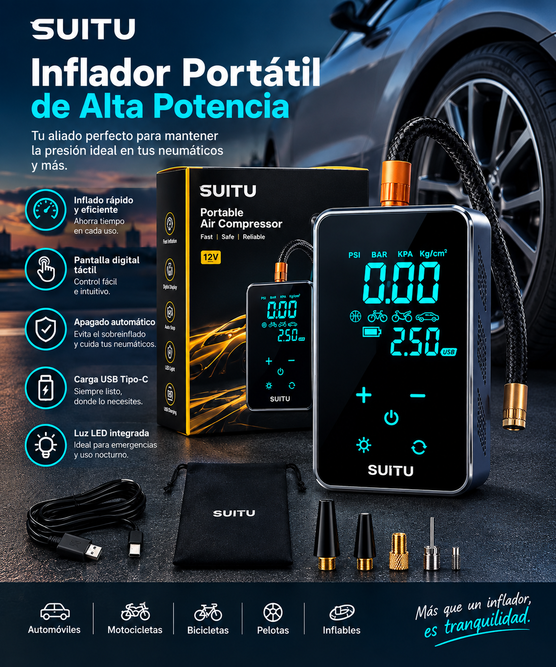 Compresor de Aire para Automóvil | Kit con Accesorios
