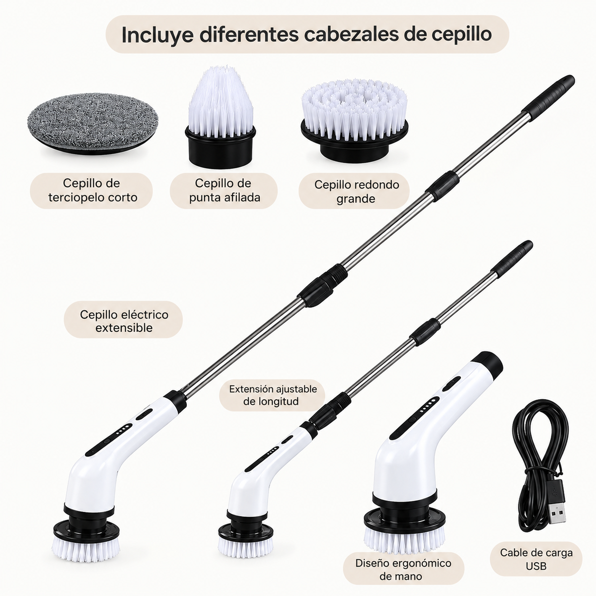 Set de Cepillo Eléctrico Inalámbrico para Limpieza Extensible (1 Pieza)